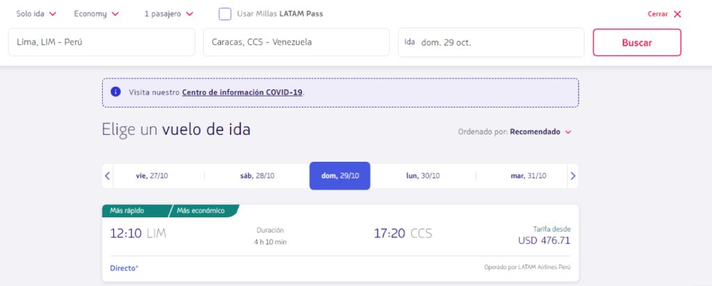 precios de vuelo desde lima a caracas por latam 2023